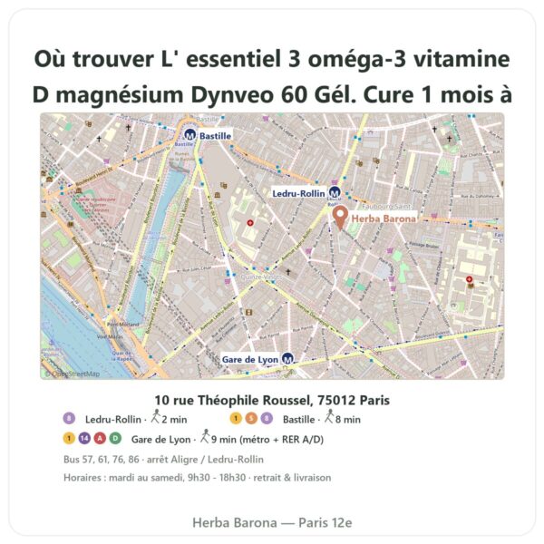 Ou trouver L' essentiel 3 oméga-3 vitamine D magnésium Dynveo 60 Gél. Cure 1 mois a Paris - plan boutique Herba Barona Paris 12e