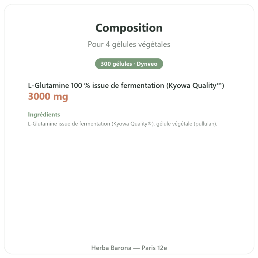 L-Glutamine 750 mg – 300 gélules – Dynveo – Kyowa Quality composition valeurs nutritionnelles Paris Herba Barona