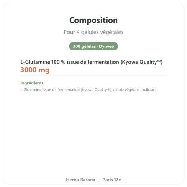 L-Glutamine 750 mg – 300 gélules – Dynveo – Kyowa Quality composition valeurs nutritionnelles Paris Herba Barona