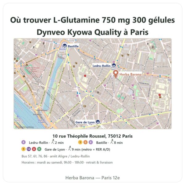 Ou trouver L-Glutamine 750 mg 300 gélules Dynveo Kyowa Quality a Paris - plan boutique Herba Barona Paris 12e