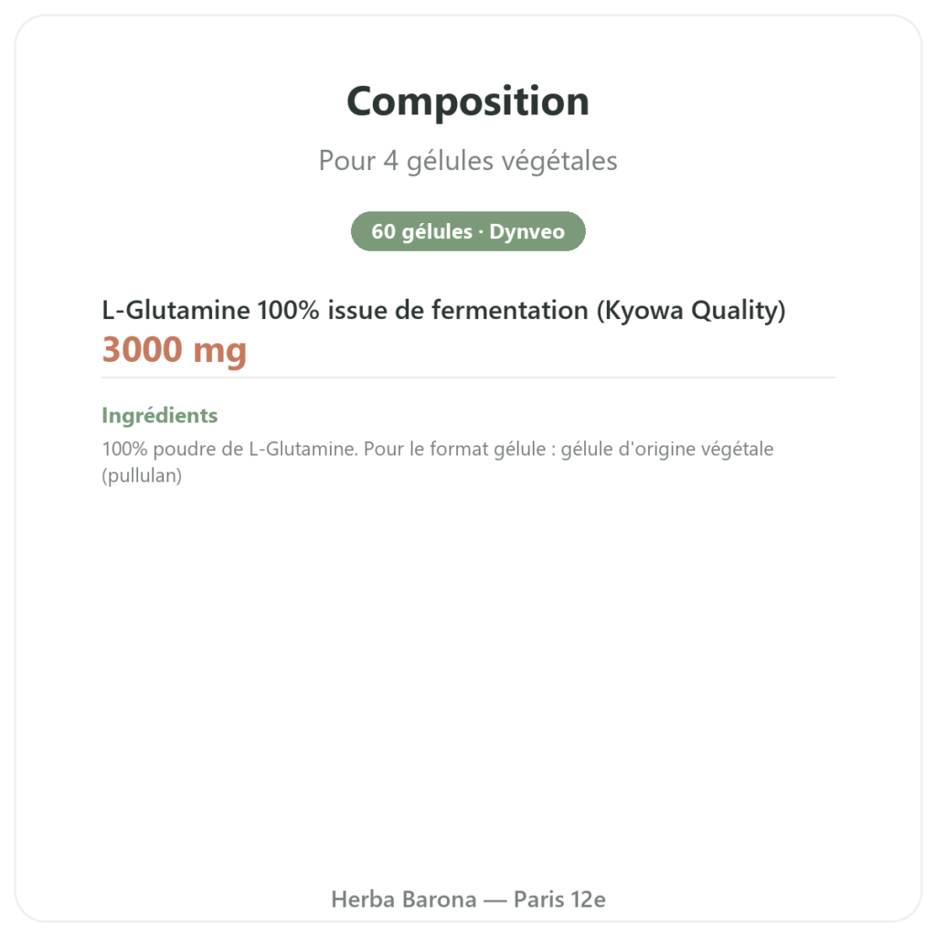 L-Glutamine 750 mg – 60 gélules – Dynveo – Kyowa Quality composition valeurs nutritionnelles Paris Herba Barona