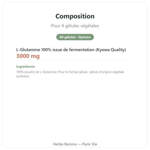 L-Glutamine 750 mg – 60 gélules – Dynveo – Kyowa Quality composition valeurs nutritionnelles Paris Herba Barona