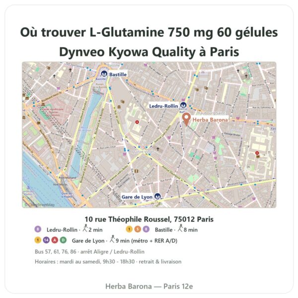 Ou trouver L-Glutamine 750 mg 60 gélules Dynveo Kyowa Quality a Paris - plan boutique Herba Barona Paris 12e