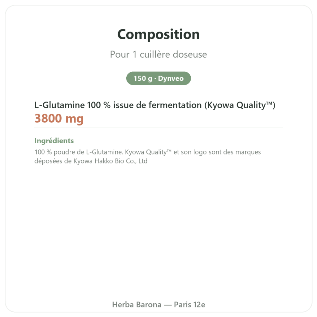 L-Glutamine Dynveo POUDRE Kyowa Quality 150g composition valeurs nutritionnelles Paris Herba Barona