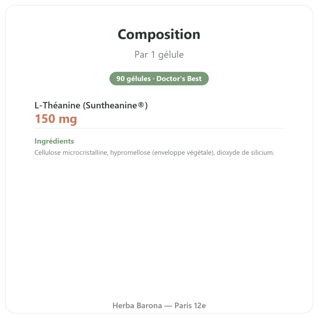 L-théanine avec Suntheanine – 150 mg – 90 gélules végétales – Doctor's Best composition valeurs nutritionnelles Paris Herba Barona