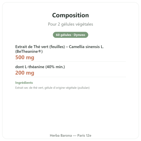 L-Théanine végétale – Dynveo -100 mg – 30% L-Théanine – 60 gélules composition valeurs nutritionnelles Paris Herba Barona