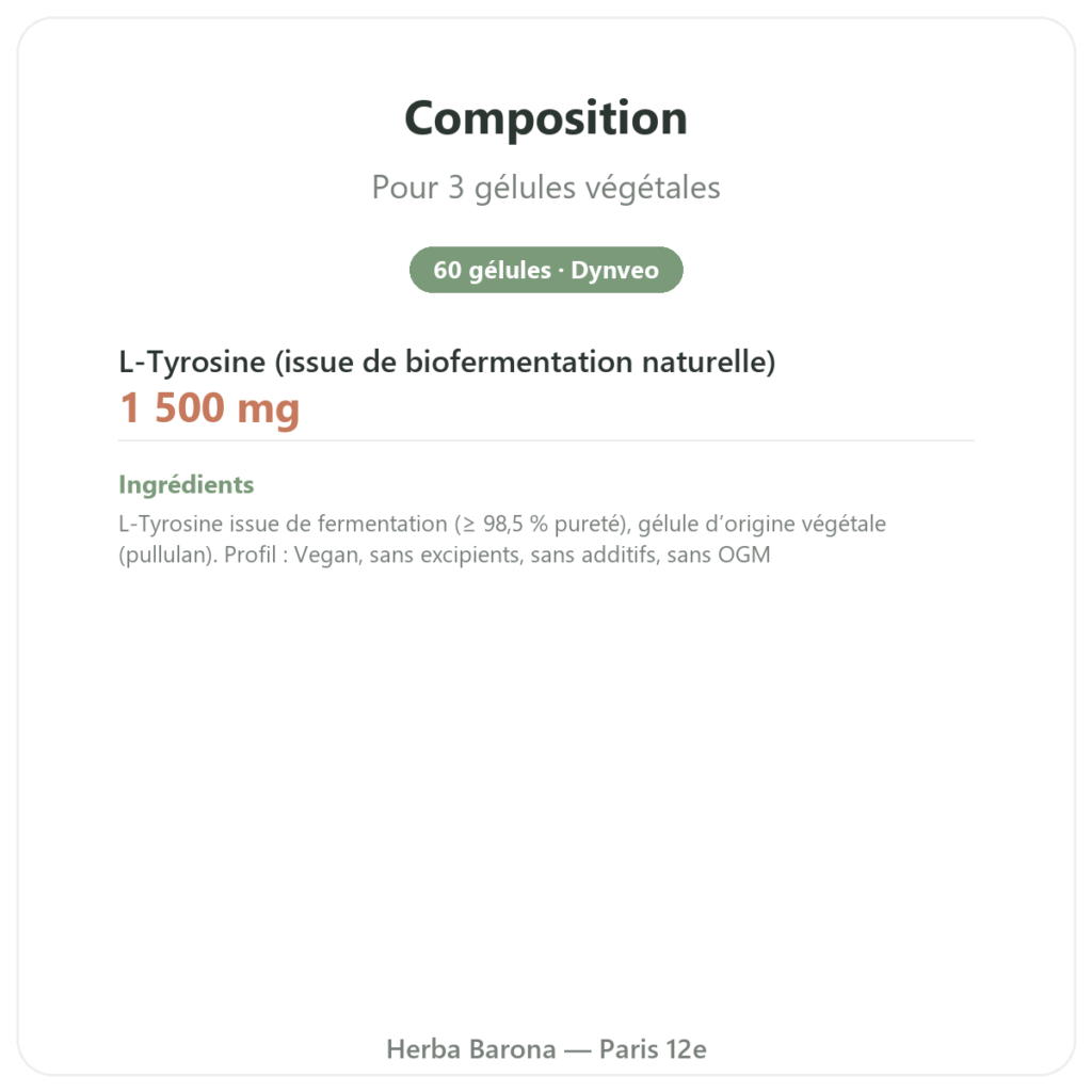 L-Tyrosine 500 mg – Dynveo – 60 gélules composition valeurs nutritionnelles Paris Herba Barona