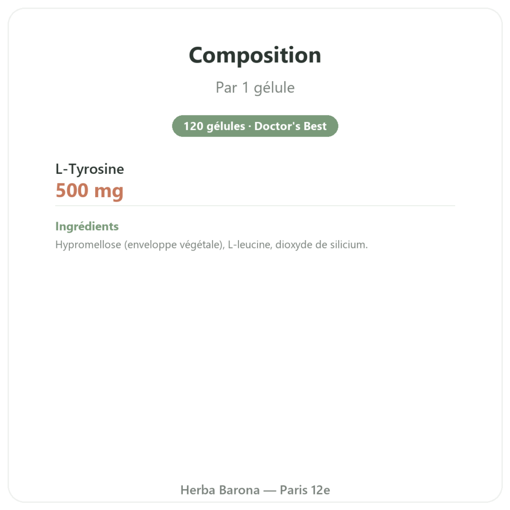 L-Tyrosine 500mg 120 gélules Doctor's Best - Acide amine composition valeurs nutritionnelles Paris Herba Barona