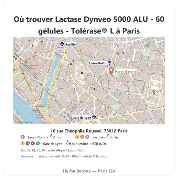 Ou trouver Lactase Dynveo 5000 ALU - 60 gélules - Tolérase® L a Paris - plan boutique Herba Barona Paris 12e