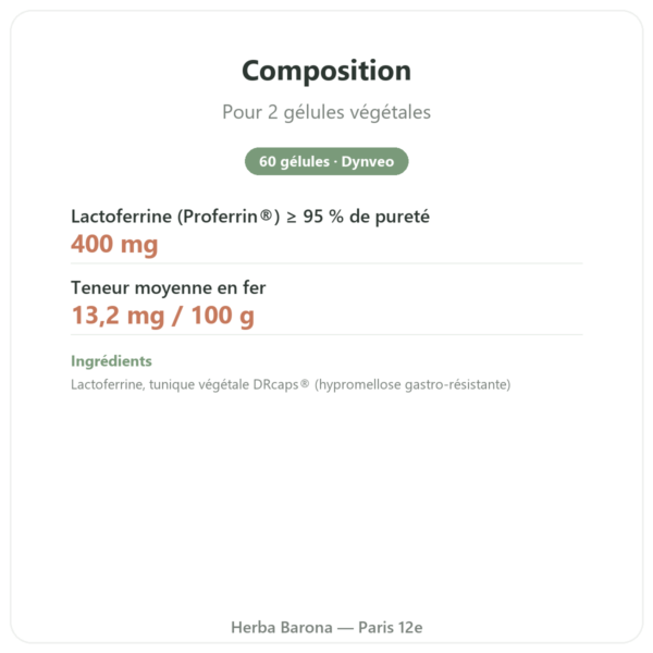 Lactoferrine Dynveo 200mg/60 gélules DR caps composition valeurs nutritionnelles Paris Herba Barona