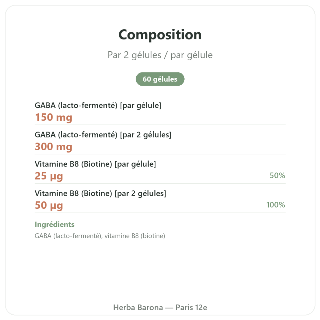 LF-GABA – Naturamedicatrix 60 gélules composition valeurs nutritionnelles Paris Herba Barona