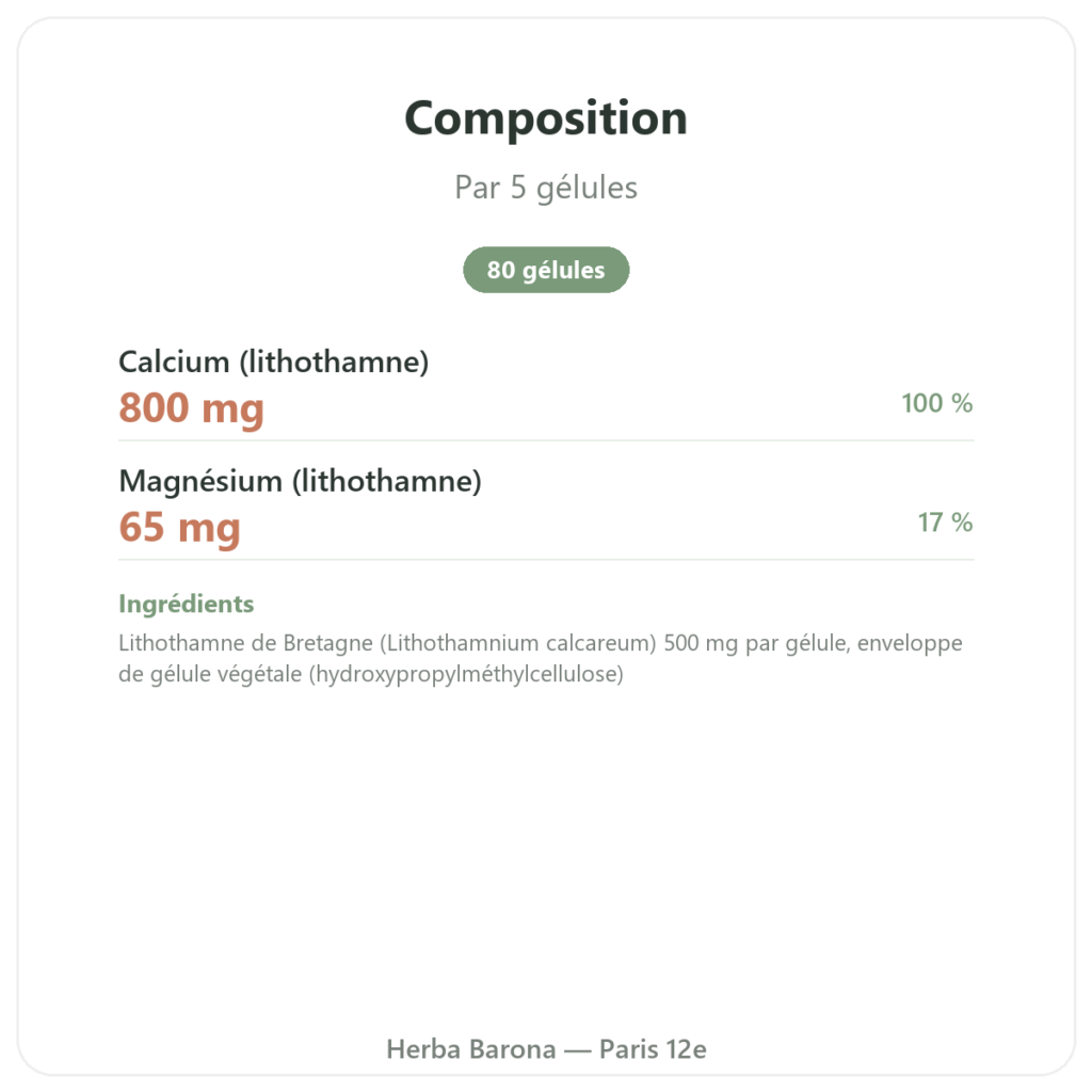 Lithothamne breton 500mg – 80 gélules – Vecteur Santé composition valeurs nutritionnelles Paris Herba Barona