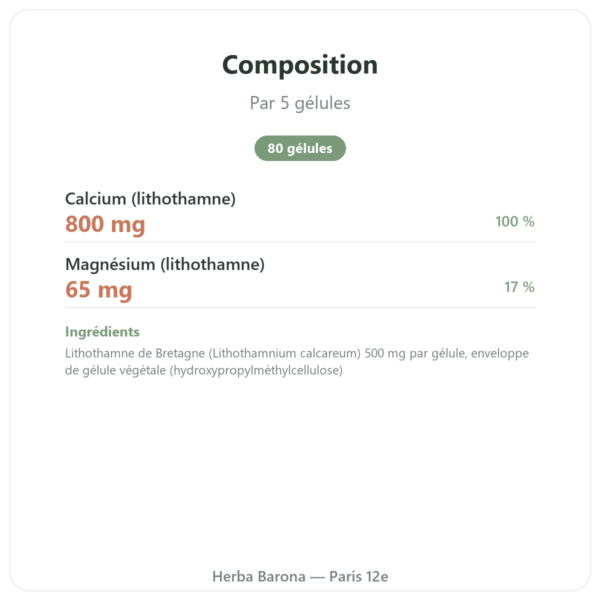 Lithothamne breton 500mg – 80 gélules – Vecteur Santé composition valeurs nutritionnelles Paris Herba Barona