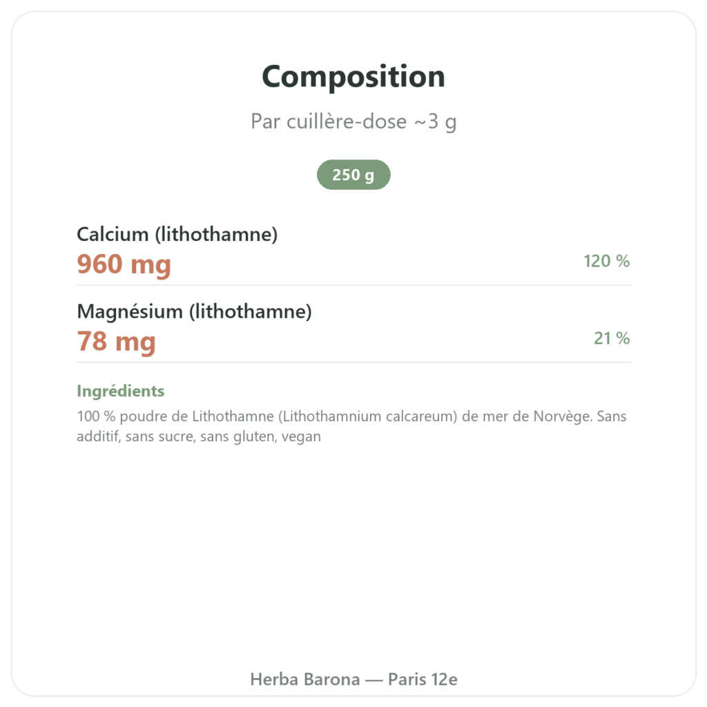 Lithothamne poudre 250 g - Vecteur Santé composition valeurs nutritionnelles Paris Herba Barona