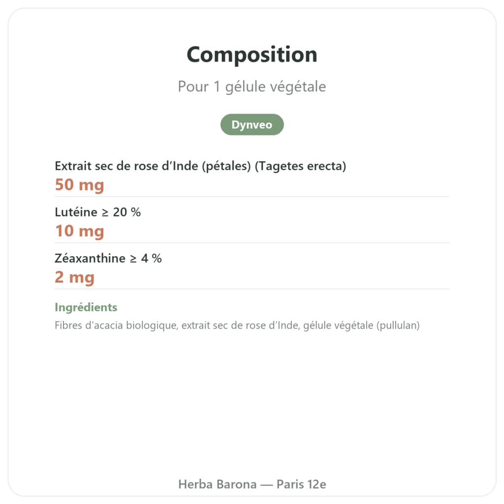 Lutéine 10mg Zéaxanthine 2mg – Dynveo – 60 Gél. composition valeurs nutritionnelles Paris Herba Barona