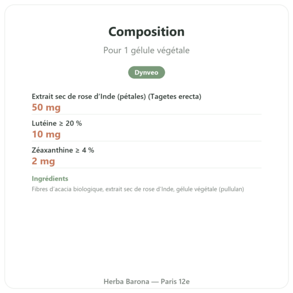 Lutéine 10mg Zéaxanthine 2mg – Dynveo – 60 Gél. composition valeurs nutritionnelles Paris Herba Barona