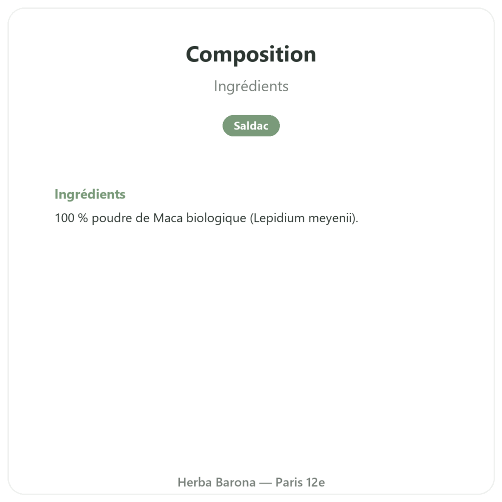 Maca Bio poudre Pederoso – Saldac – 1 kg composition valeurs nutritionnelles Paris Herba Barona