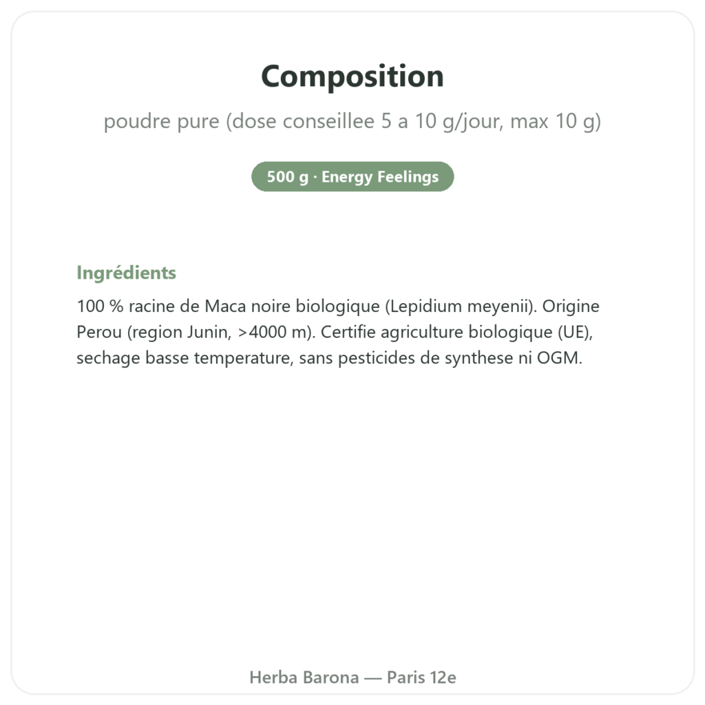 Maca Noire Bio en Poudre – Energy Feelings – 500 g composition valeurs nutritionnelles Paris Herba Barona