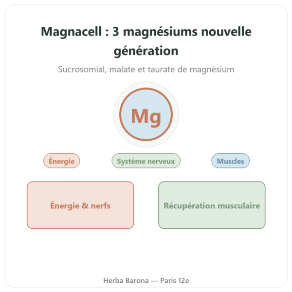 Magnacell – SIHO – Complexe 3 Magnésiums – 60 gélules presentation Paris Herba Barona