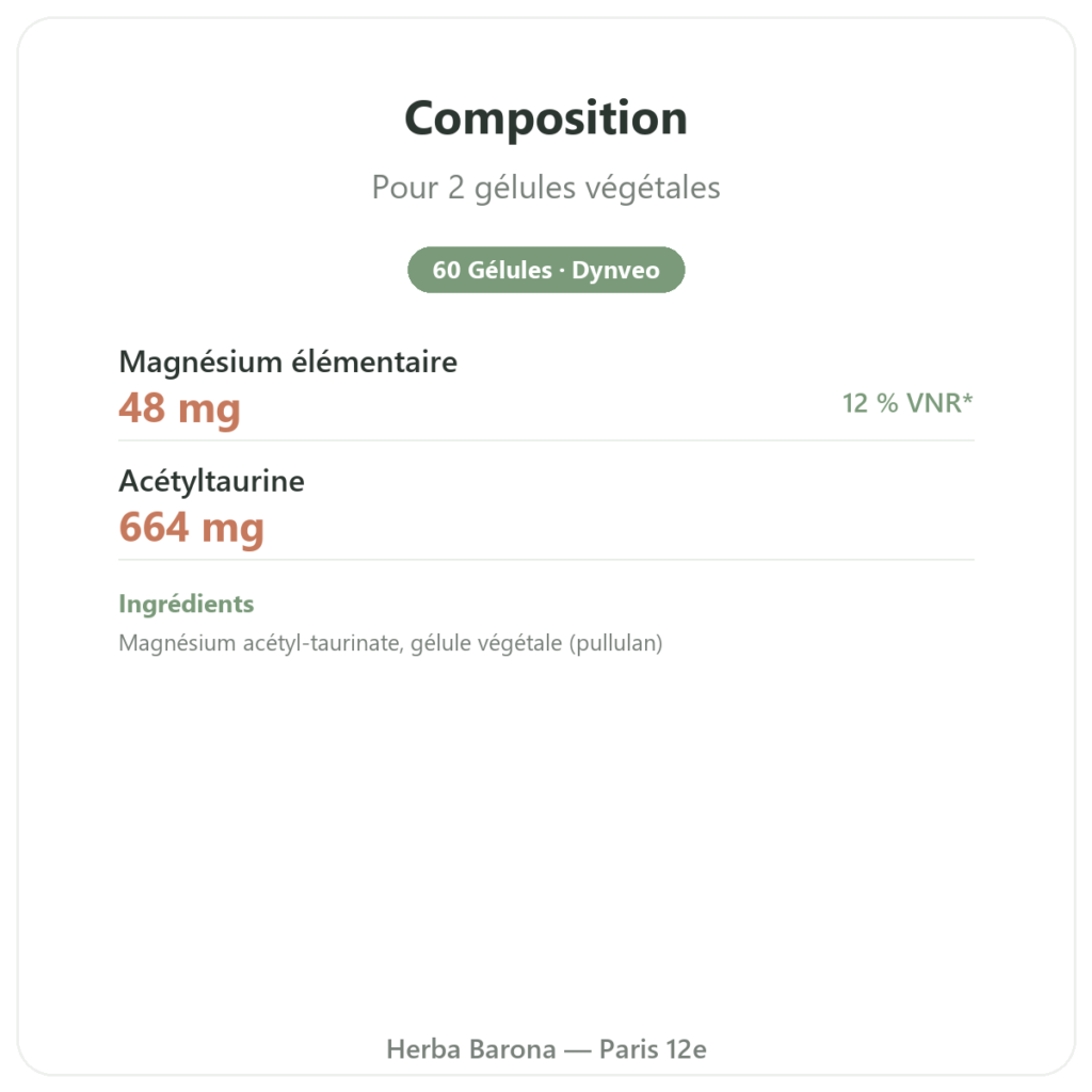 Magnésium Acétyl Taurinate ATA Mg – 60 Gélules – Dynveo composition valeurs nutritionnelles Paris Herba Barona