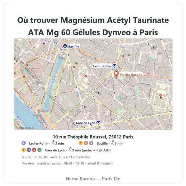 Ou trouver Magnésium Acétyl Taurinate ATA Mg 60 Gélules Dynveo a Paris - plan boutique Herba Barona Paris 12e