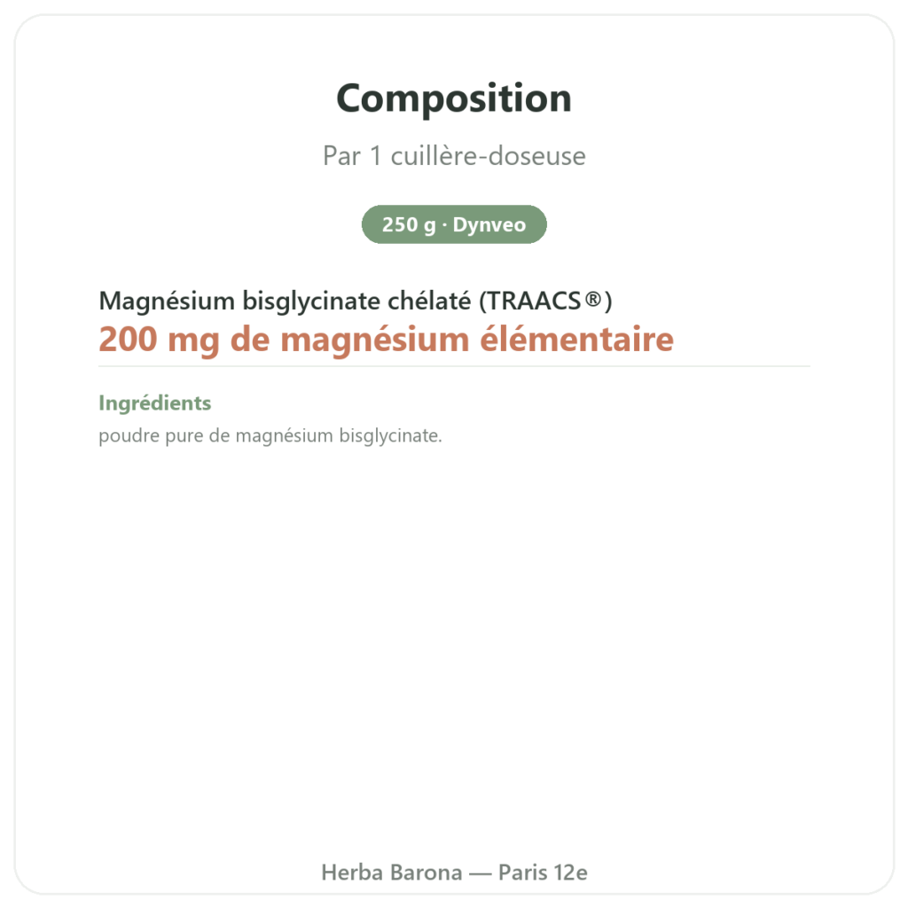 Magnésium BISGLYCINATE en poudre 250 g – Dynveo composition valeurs nutritionnelles Paris Herba Barona