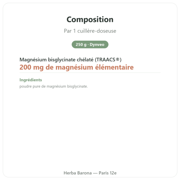 Magnésium BISGLYCINATE en poudre 250 g – Dynveo composition valeurs nutritionnelles Paris Herba Barona