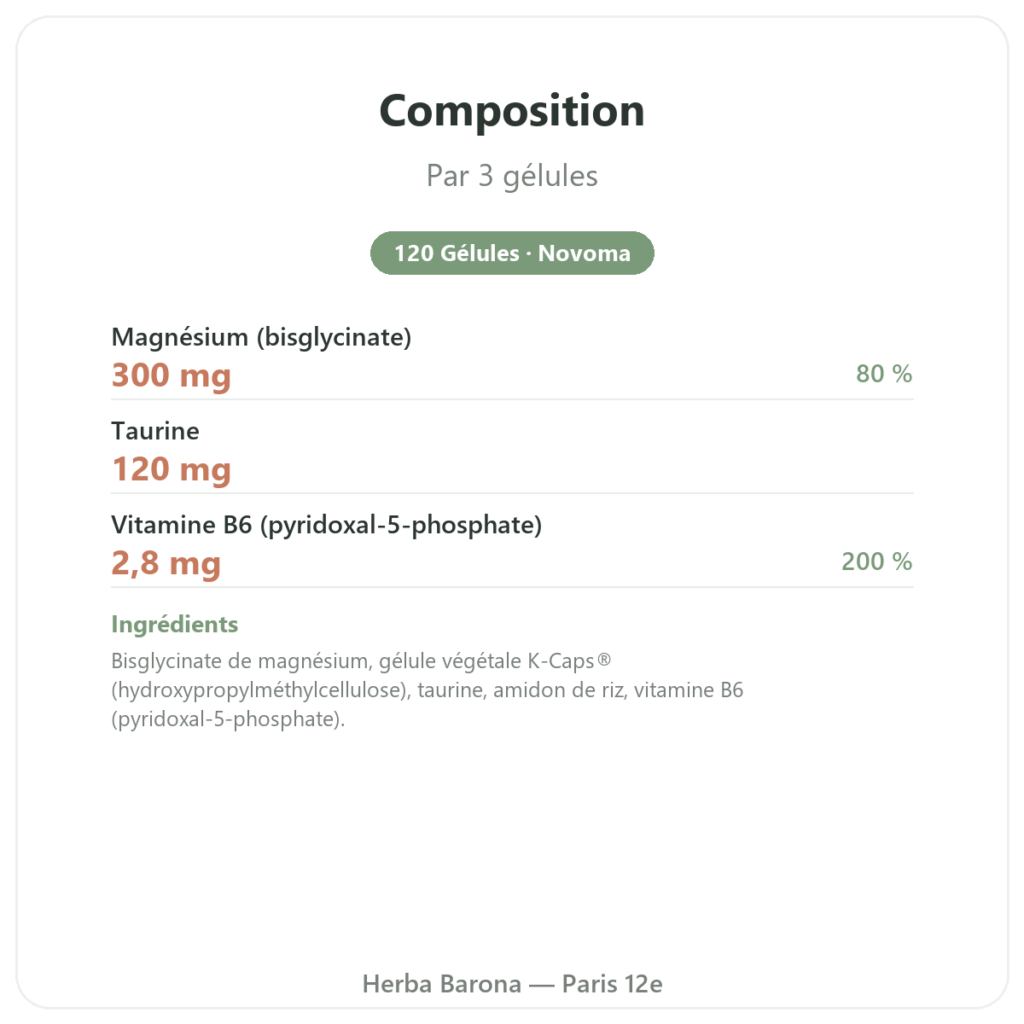 Magnesium Bisglycinate – Novoma – 120 Gélules composition valeurs nutritionnelles Paris Herba Barona