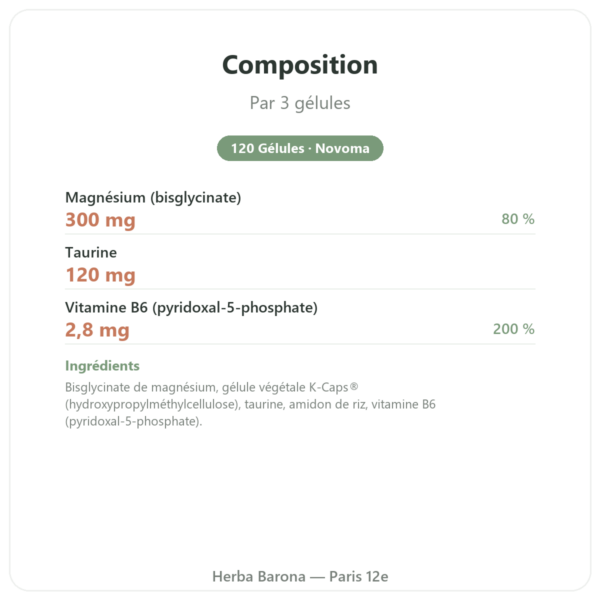 Magnesium Bisglycinate – Novoma – 120 Gélules composition valeurs nutritionnelles Paris Herba Barona