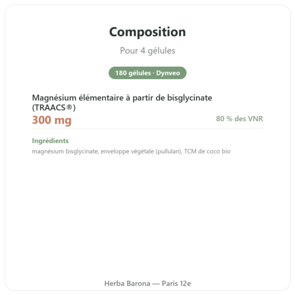 Magnesium bisglycinate TRAACS® – 800mg – 180 gélules Dynveo composition valeurs nutritionnelles Paris Herba Barona