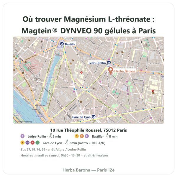 Ou trouver Magnésium L-thréonate : Magtein® DYNVEO 90 gélules a Paris - plan boutique Herba Barona Paris 12e