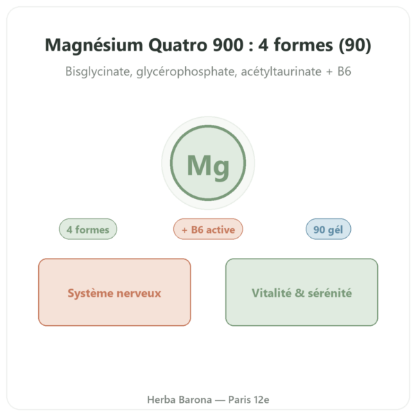 Magnésium Quatro 900 – 90 gélules – Be-Life presentation Paris Herba Barona