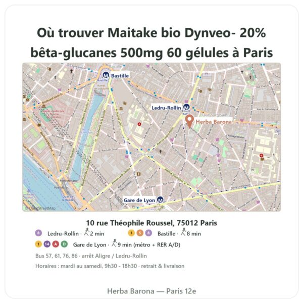 Ou trouver Maitake bio Dynveo- 20% bêta-glucanes 500mg 60 gélules a Paris - plan boutique Herba Barona Paris 12e