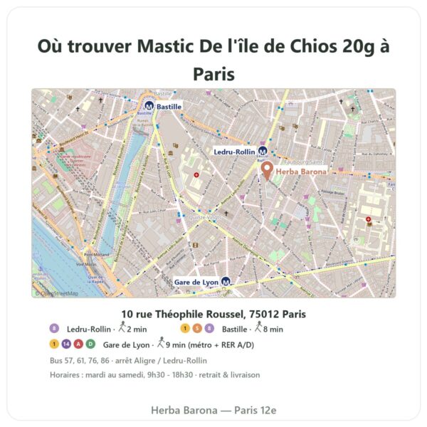 Ou trouver Mastic De l'île de Chios 20g a Paris - plan boutique Herba Barona Paris 12e