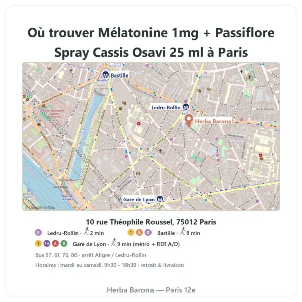 Ou trouver Mélatonine 1mg + Passiflore Spray Cassis Osavi 25 ml a Paris - plan boutique Herba Barona Paris 12e