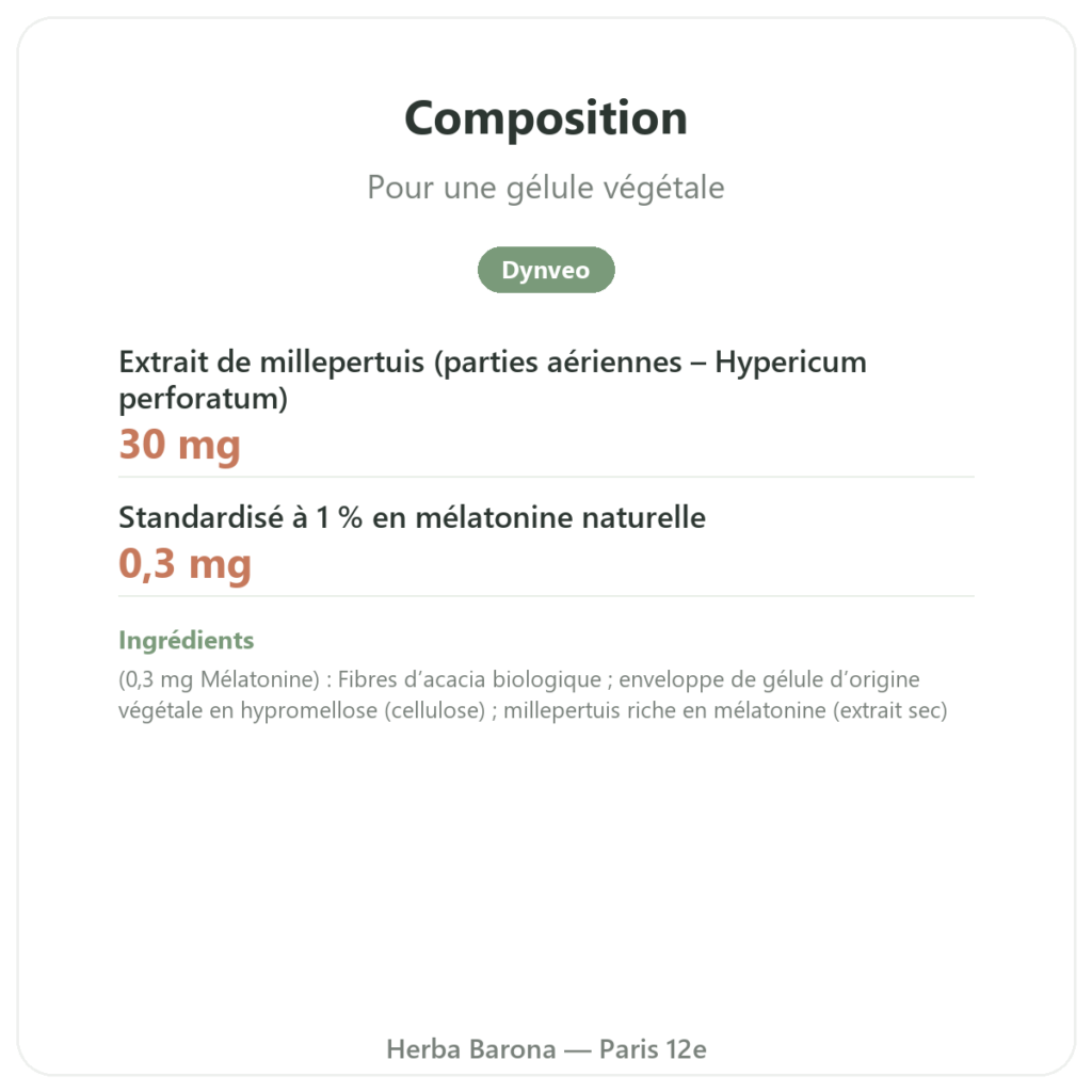 Mélatonine Végétale Dynveo 0.3 mg 60 Gél. composition valeurs nutritionnelles Paris Herba Barona