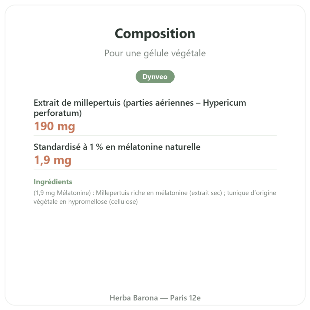 Mélatonine Végétale Dynveo 1.9 mg 60 Gél. composition valeurs nutritionnelles Paris Herba Barona