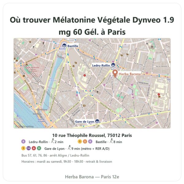 Ou trouver Mélatonine Végétale Dynveo 1.9 mg 60 Gél. a Paris - plan boutique Herba Barona Paris 12e