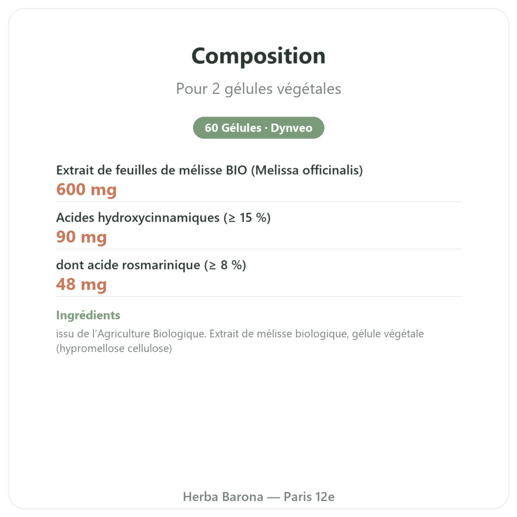 Mélisse bio – 60 Gélules – Dynveo composition valeurs nutritionnelles Paris Herba Barona