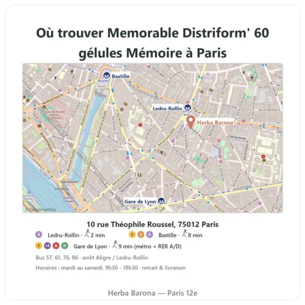 Ou trouver Memorable Distriform' 60 gélules Mémoire a Paris - plan boutique Herba Barona Paris 12e