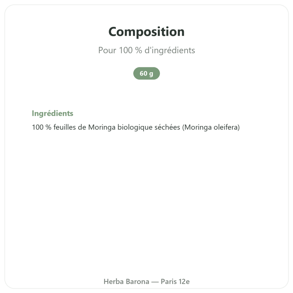 Moringa bio en feuille 60 g composition valeurs nutritionnelles Paris Herba Barona