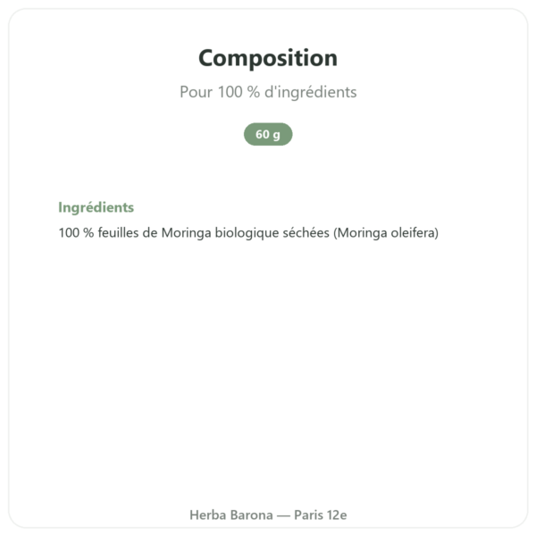 Moringa bio en feuille 60 g composition valeurs nutritionnelles Paris Herba Barona