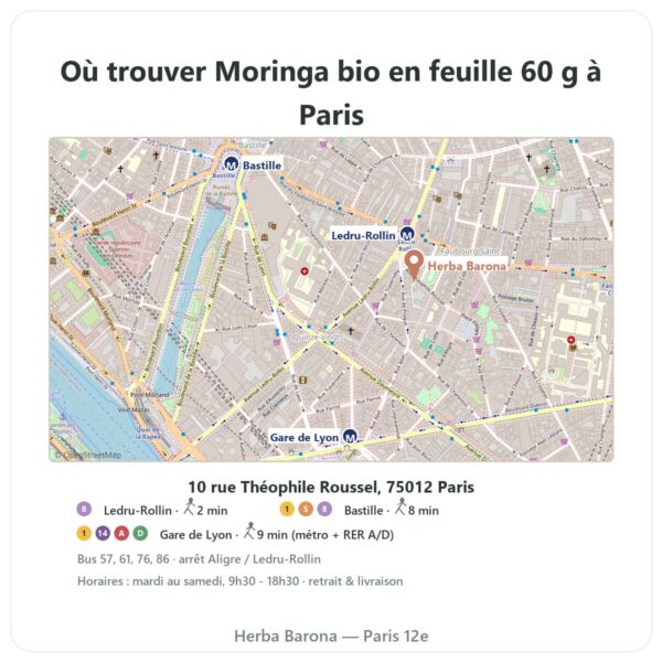 Ou trouver Moringa bio en feuille 60 g a Paris - plan boutique Herba Barona Paris 12e