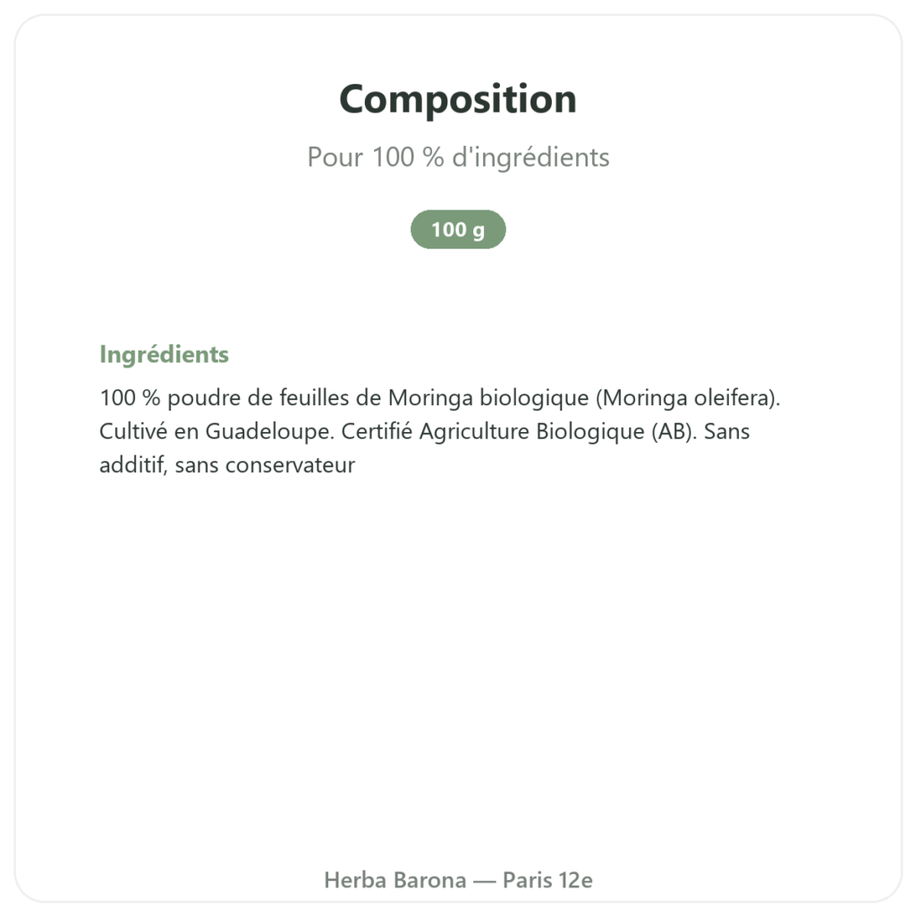 Moringa Bio poudre 100 g – Bioptimal – Superaliment composition valeurs nutritionnelles Paris Herba Barona
