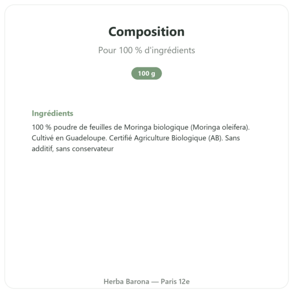 Moringa Bio poudre 100 g – Bioptimal – Superaliment composition valeurs nutritionnelles Paris Herba Barona