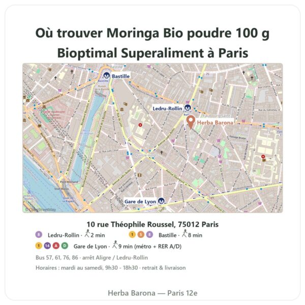 Ou trouver Moringa Bio poudre 100 g Bioptimal Superaliment a Paris - plan boutique Herba Barona Paris 12e