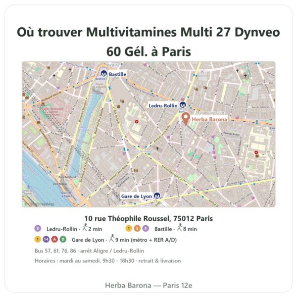 Ou trouver Multivitamines Multi 27 Dynveo 60 Gél. a Paris - plan boutique Herba Barona Paris 12e
