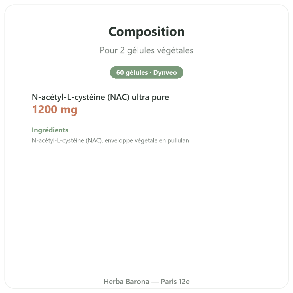 N-Acétyl-Cystéine NAC – Dynveo – 600mg – 60 gélules composition valeurs nutritionnelles Paris Herba Barona