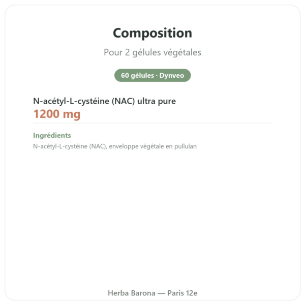 N-Acétyl-Cystéine NAC – Dynveo – 600mg – 60 gélules composition valeurs nutritionnelles Paris Herba Barona