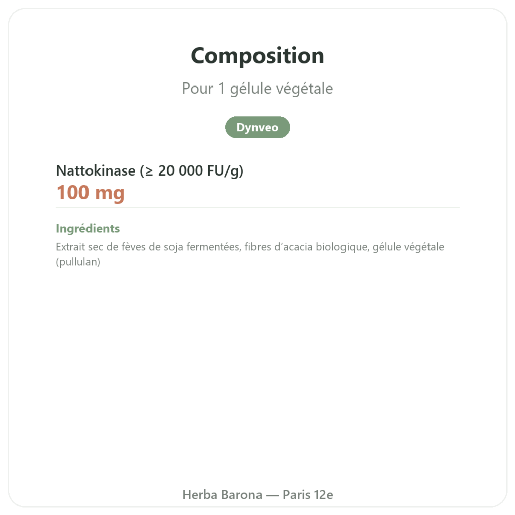 Nattokinase Dynveo 100 mg 60 Gél. composition valeurs nutritionnelles Paris Herba Barona